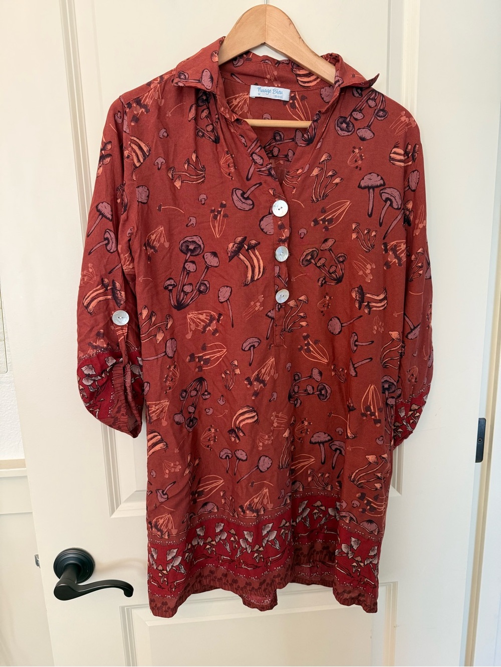 Nuage Bleu Maui Cottagecore Mushroom Print Henley Dress Tunic Rust Boho M